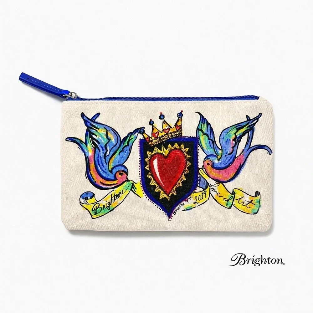Brighton Canvas Zipper‎ Pouch Heart Folk Art Makeup Bag Travel Cosmetic Boho